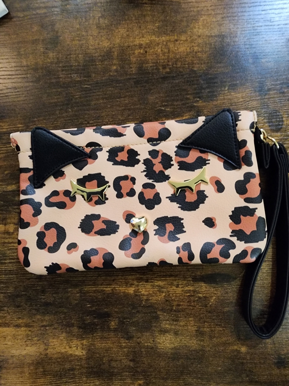 BETSY JOHNSON Leopard Print Cat Face Wristlet Clutch
